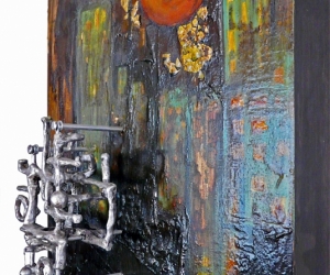 Cognition #6 Angled View) • Mixed Media, Acrylic, Tar, Eggshell, Aluminum Rods, Wire, Steel Mesh and Polymer Clay on Panel, 20 x 16 x 6.5 inches (50.8 x 40.64 x 16.5 cm)
